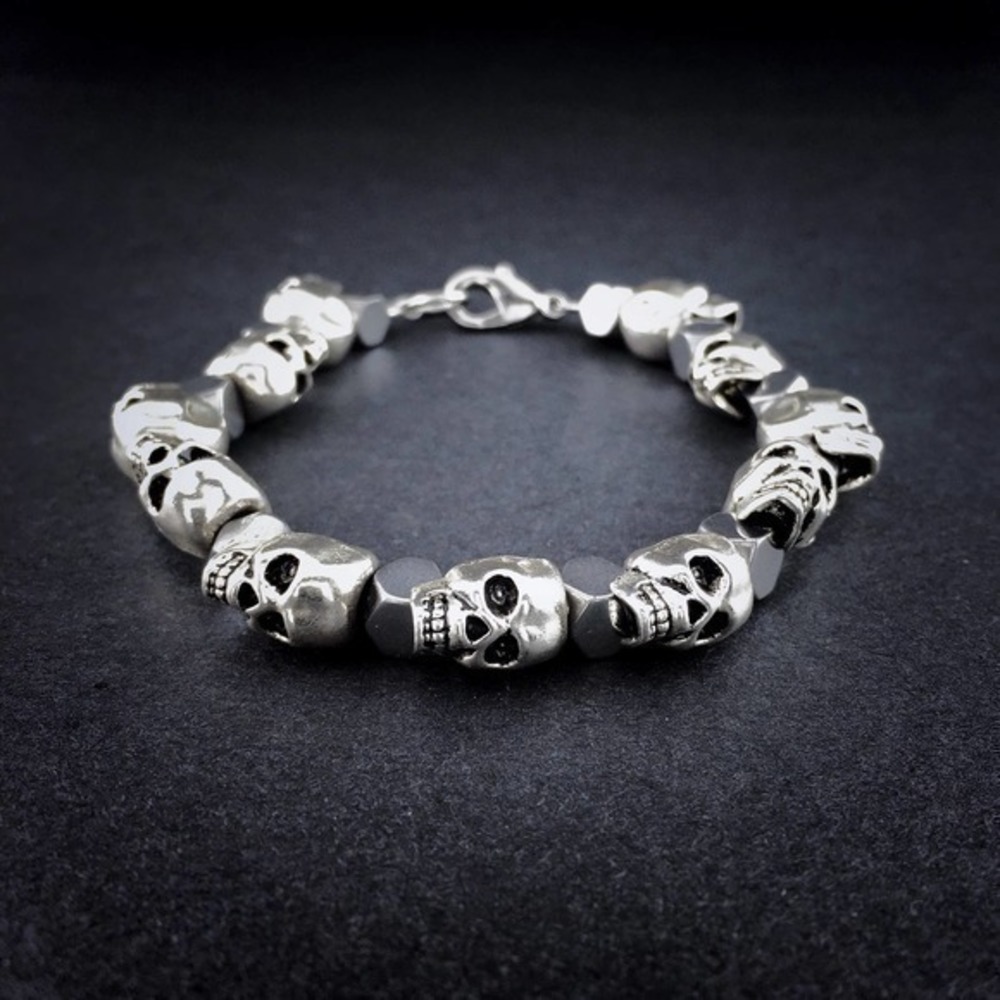 💀 Silver Skull & Hematite Beaded Bracelet Handmade Men’s Jewelry